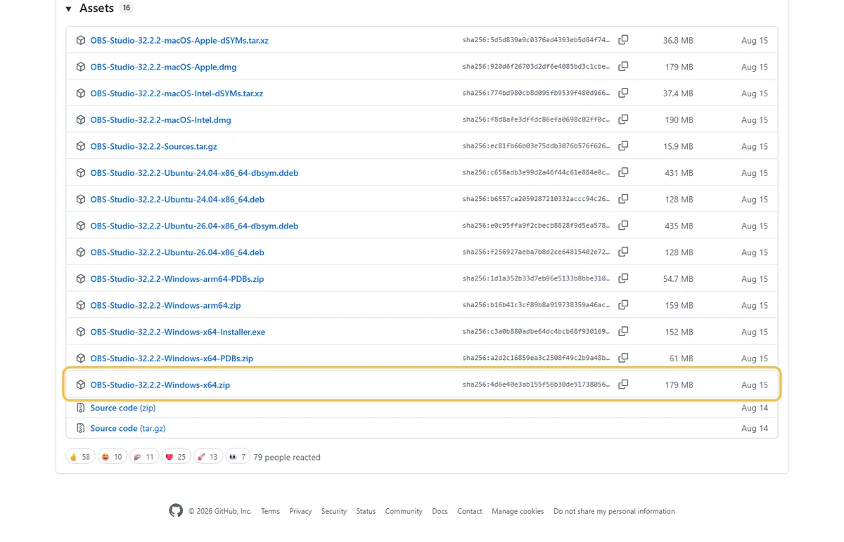 GitHub-Releaseseite von OBS Studio 32.2.2 mit der Datei OBS-Studio-32.2.2-Windows-x64.zip