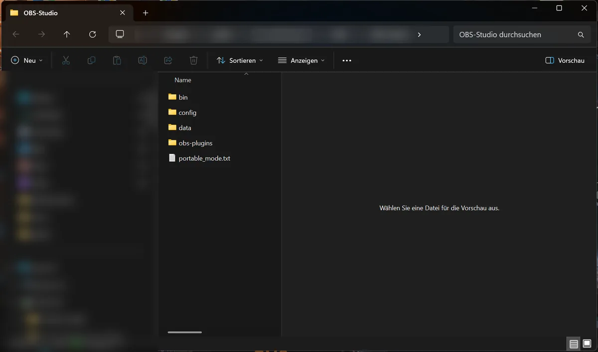 Entpackter OBS-Ordner mit den Unterordnern bin, config, data, obs-plugins und der Datei portable_mode.txt