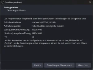 Einrichtungsassistent, Ergebnisseite mit den vorgeschlagenen Einstellungen