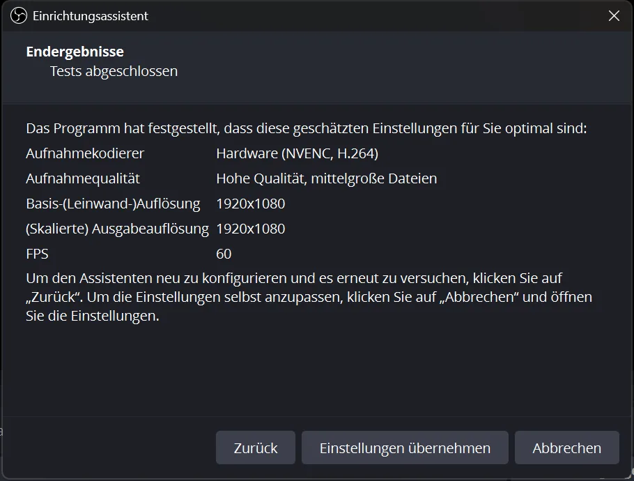 Einrichtungsassistent, Ergebnisseite mit den vorgeschlagenen Einstellungen