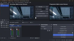OBS im Studio-Modus mit zwei Bildern nebeneinander, links Vorschau, rechts Programm