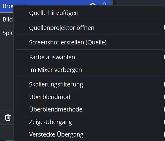 Rechtsklick-Menü einer Quelle in OBS