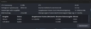 Statistikfenster von OBS mit CPU, Speicher, FPS und übersprungenen Frames