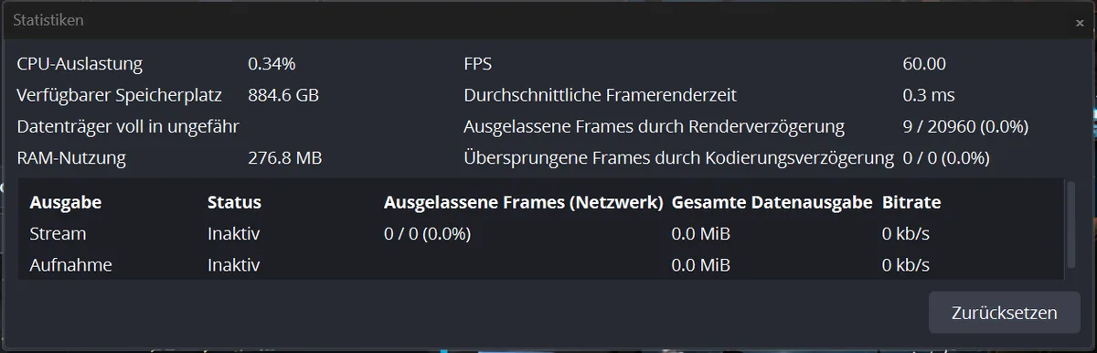 Statistikfenster von OBS mit CPU, Speicher, FPS und übersprungenen Frames