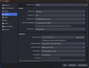 Einstellungen Ausgabe im Modus Einfach mit Videobitrate 6000 Kbps, Kodierer NVENC H.264 und Aufnahmeformat Hybrides MP4