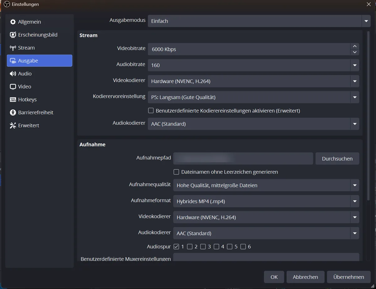 Einstellungen Ausgabe im Modus Einfach mit Videobitrate 6000 Kbps, Kodierer NVENC H.264 und Aufnahmeformat Hybrides MP4