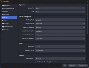 Einstellungen Audio mit Abtastrate, Kanälen und globalen Audiogeräten