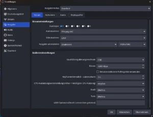 Einstellungen Ausgabe im Modus Erweitert, Reiter Streaming, Kodierer x264