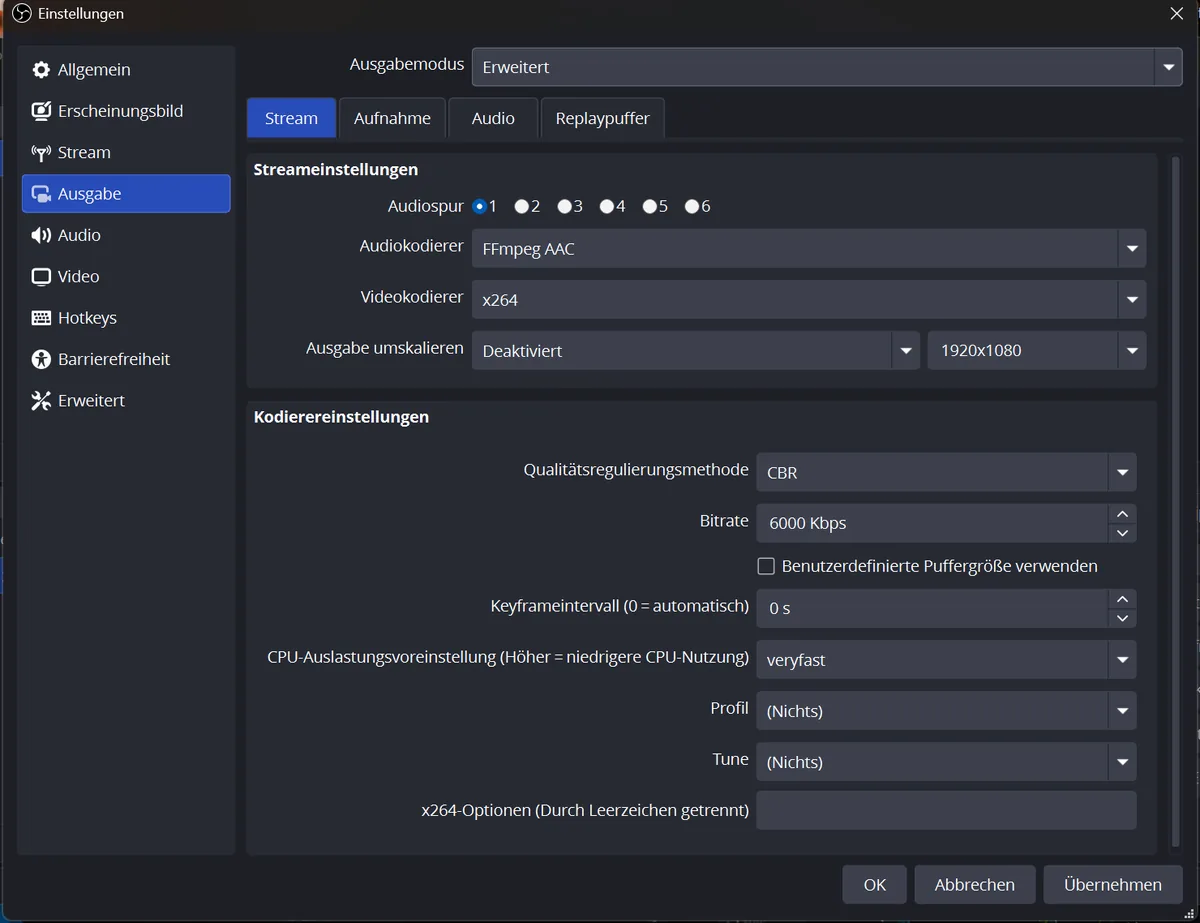 Einstellungen Ausgabe im Modus Erweitert, Reiter Streaming, Kodierer x264
