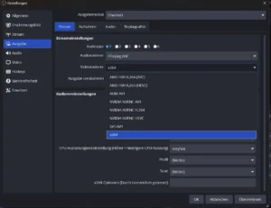 Aufgeklappte Kodiererliste mit AMD, AOM AV1, NVIDIA NVENC, SVT-AV1 und x264