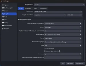 Unterer Teil der NVENC-Einstellungen mit Profil, Lookahead, adaptiver Quantisierung und B-Frames