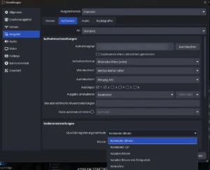 Aufgeklappte Liste der Qualitätsregulierungsmethoden: Konstante Bitrate, Konstanter QP, Variable Bitrate, Variable Bitrate mit Zielqualität