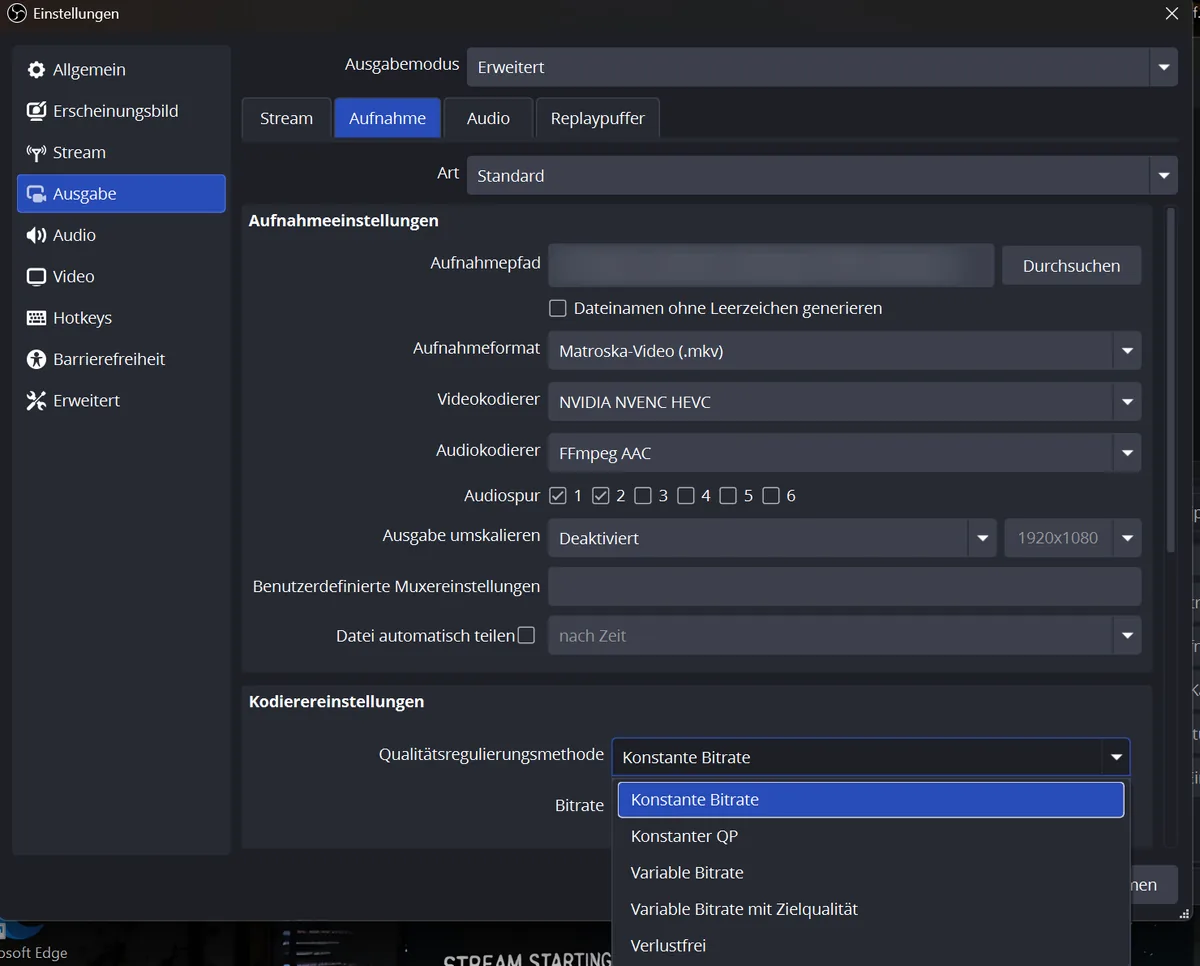 Aufgeklappte Liste der Qualitätsregulierungsmethoden: Konstante Bitrate, Konstanter QP, Variable Bitrate, Variable Bitrate mit Zielqualität