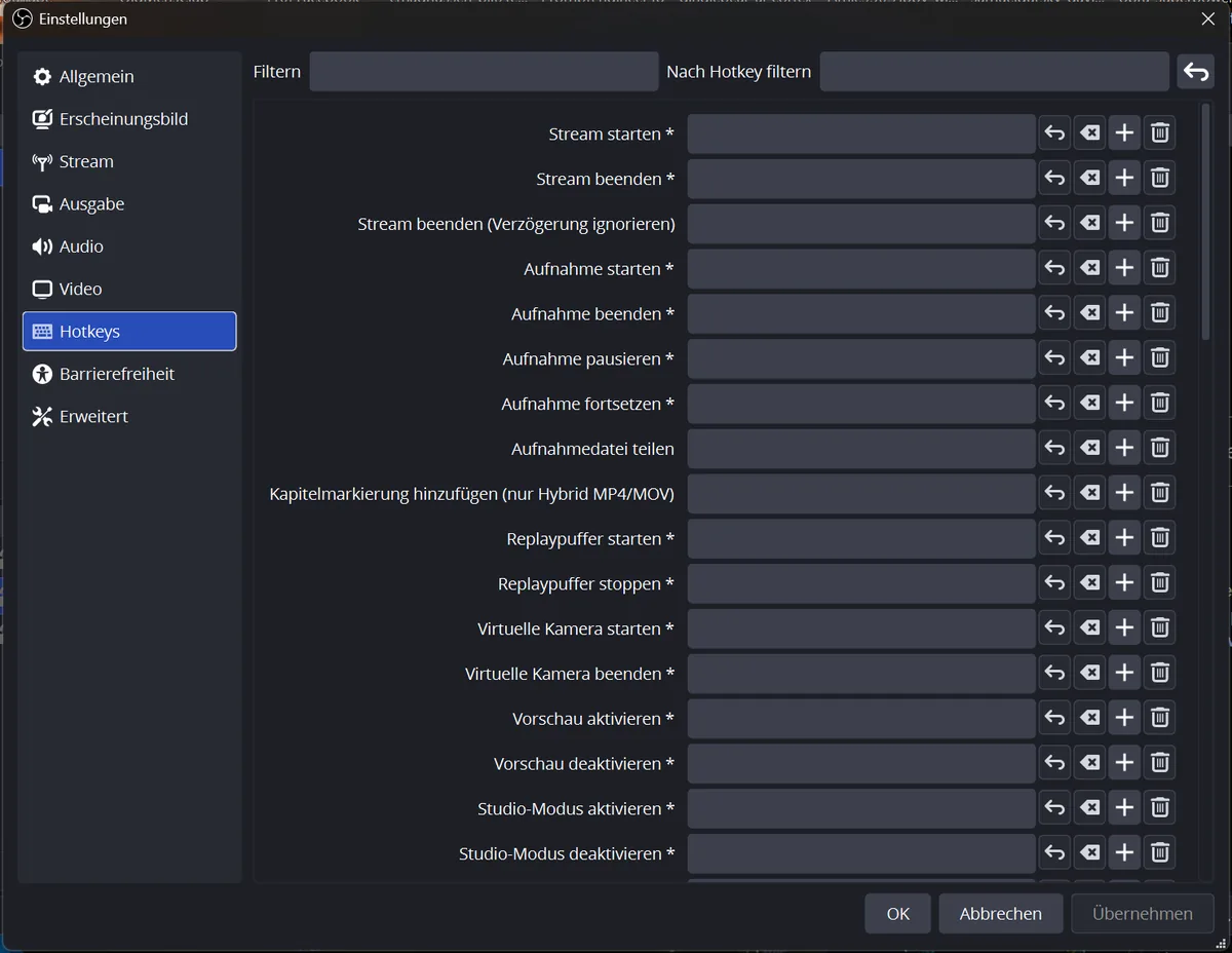 Einstellungen Hotkeys mit Einträgen für Aufnahme und Replaypuffer