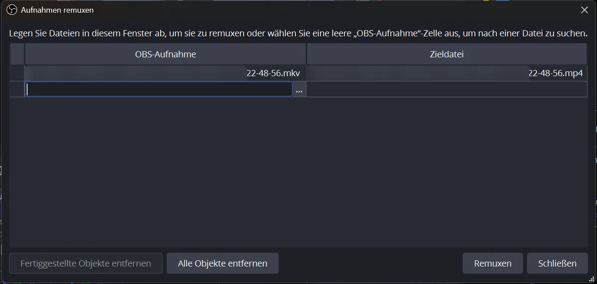 Dialog Aufnahmen remuxen mit einer MKV-Datei und der Zieldatei MP4