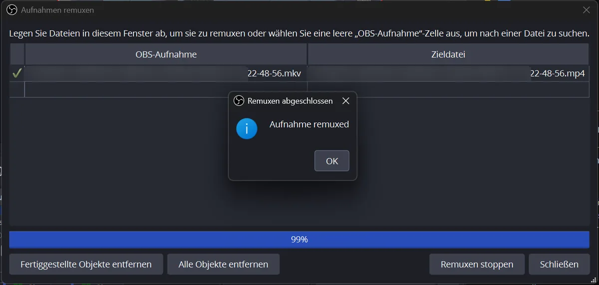 Dialog Aufnahmen remuxen mit der Meldung Aufnahme remuxed