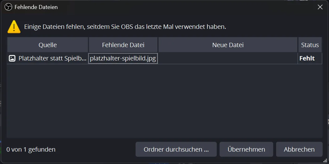 Dialog Fehlende Dateien mit einer fehlenden Bilddatei und Status Fehlt