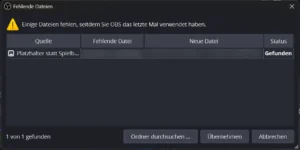 Dialog Fehlende Dateien mit Status Gefunden nach Ordner durchsuchen