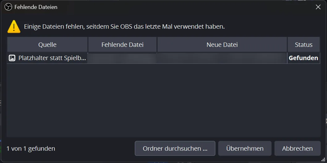 Dialog Fehlende Dateien mit Status Gefunden nach Ordner durchsuchen
