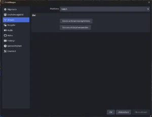 Einstellungen Stream mit Plattform Twitch und dem Knopf Konto verbinden (empfohlen)