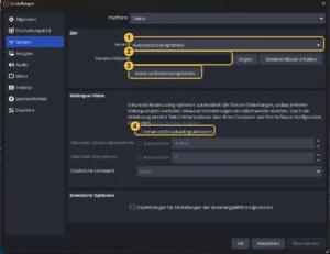 Einstellungen Stream für Twitch mit nummerierten Feldern Server, Streamschlüssel, Konto verbinden und Enhanced Broadcasting