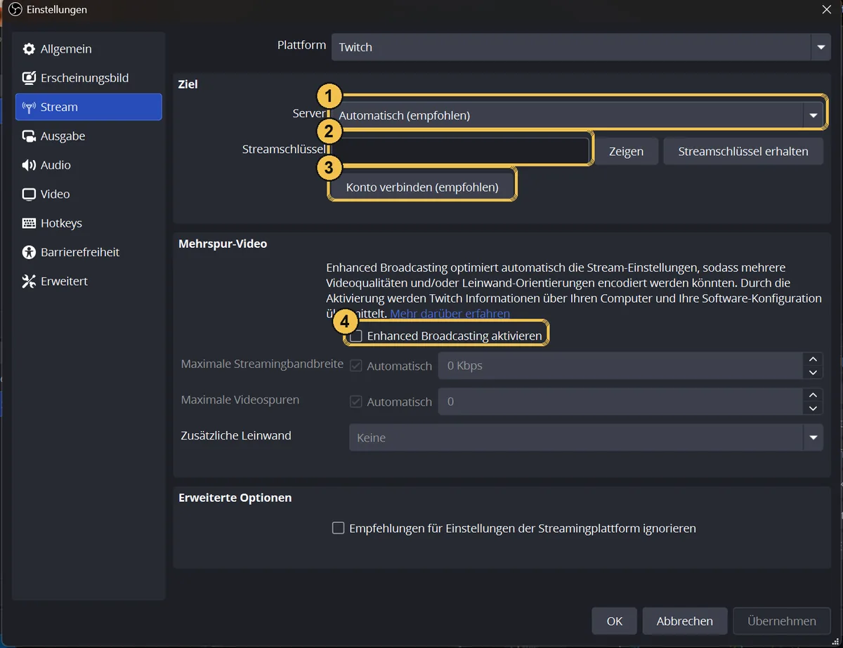 Einstellungen Stream für Twitch mit nummerierten Feldern Server, Streamschlüssel, Konto verbinden und Enhanced Broadcasting