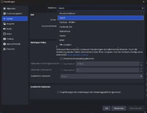 Aufgeklappte Plattformliste mit Benutzerdefiniert, Twitch, YouTube – RTMPS, Facebook Live und weiteren
