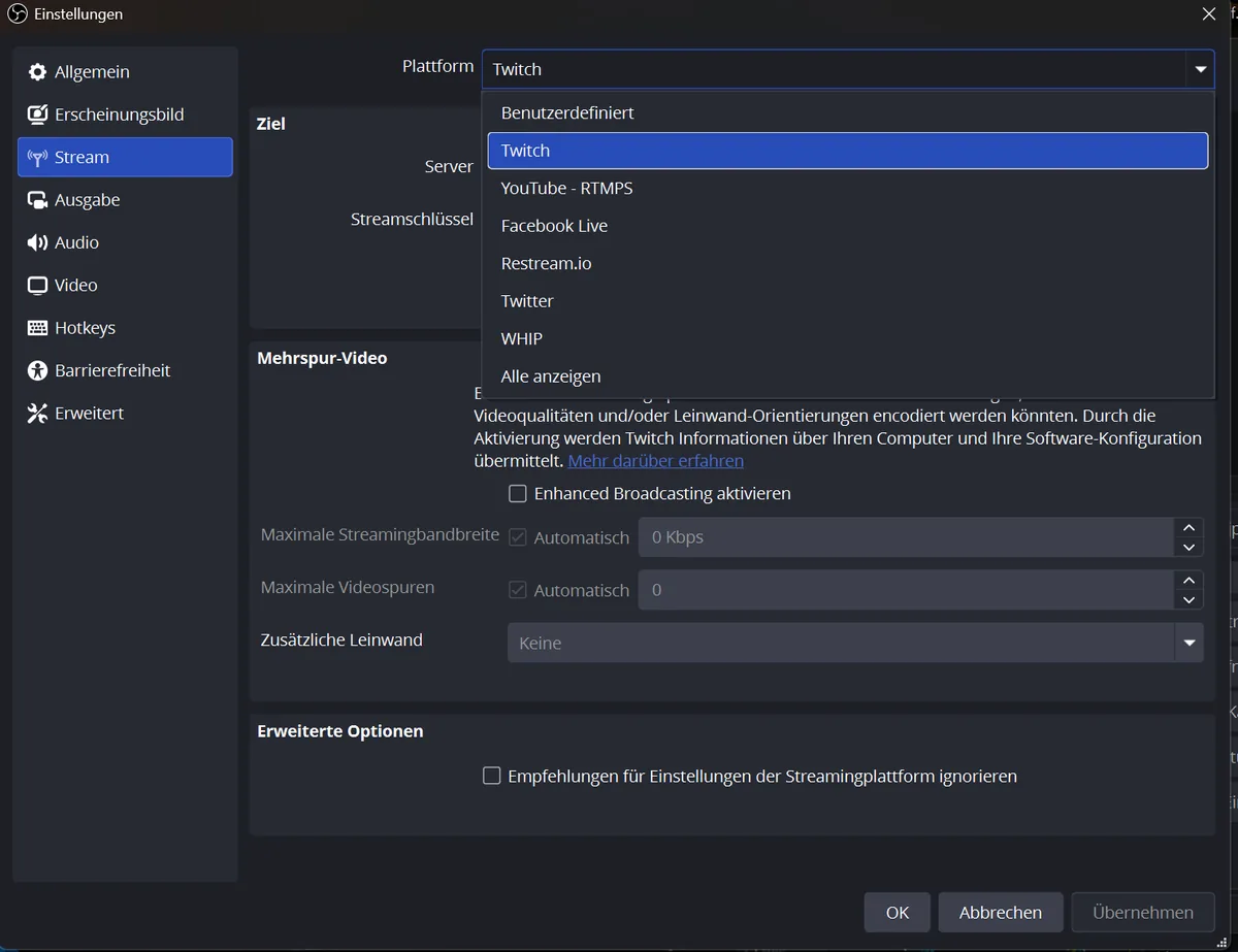 Aufgeklappte Plattformliste mit Benutzerdefiniert, Twitch, YouTube - RTMPS, Facebook Live und weiteren