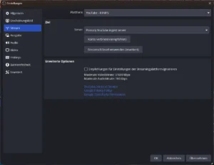 Einstellungen Stream mit Plattform YouTube – RTMPS