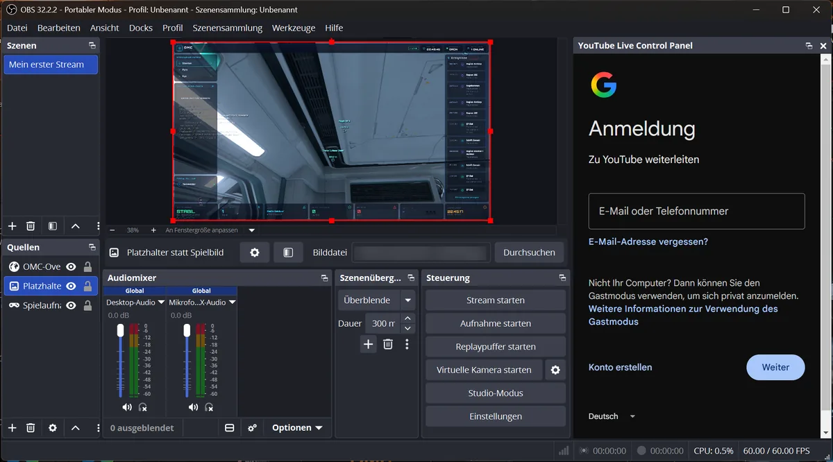 Dock YouTube Live Control Panel mit Google-Anmeldung