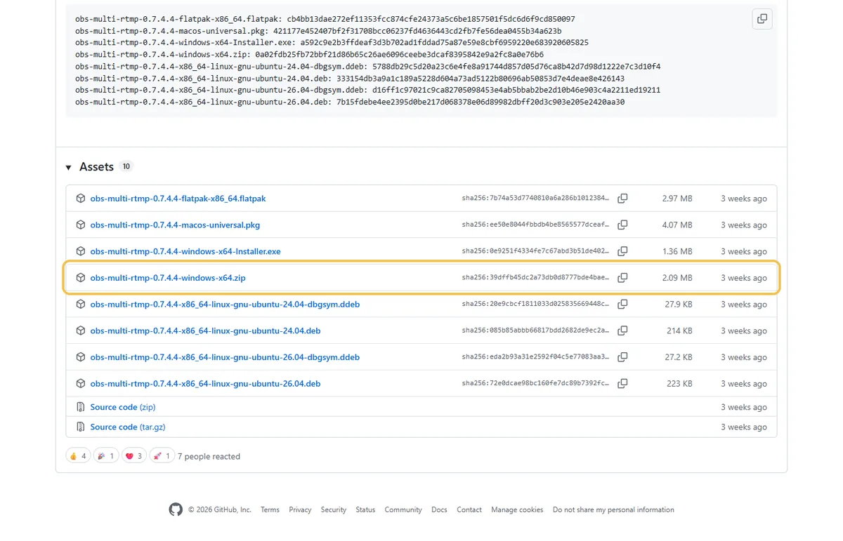GitHub-Releaseseite von obs-multi-rtmp 0.7.4.4 mit ZIP- und Installer-Dateien für Windows