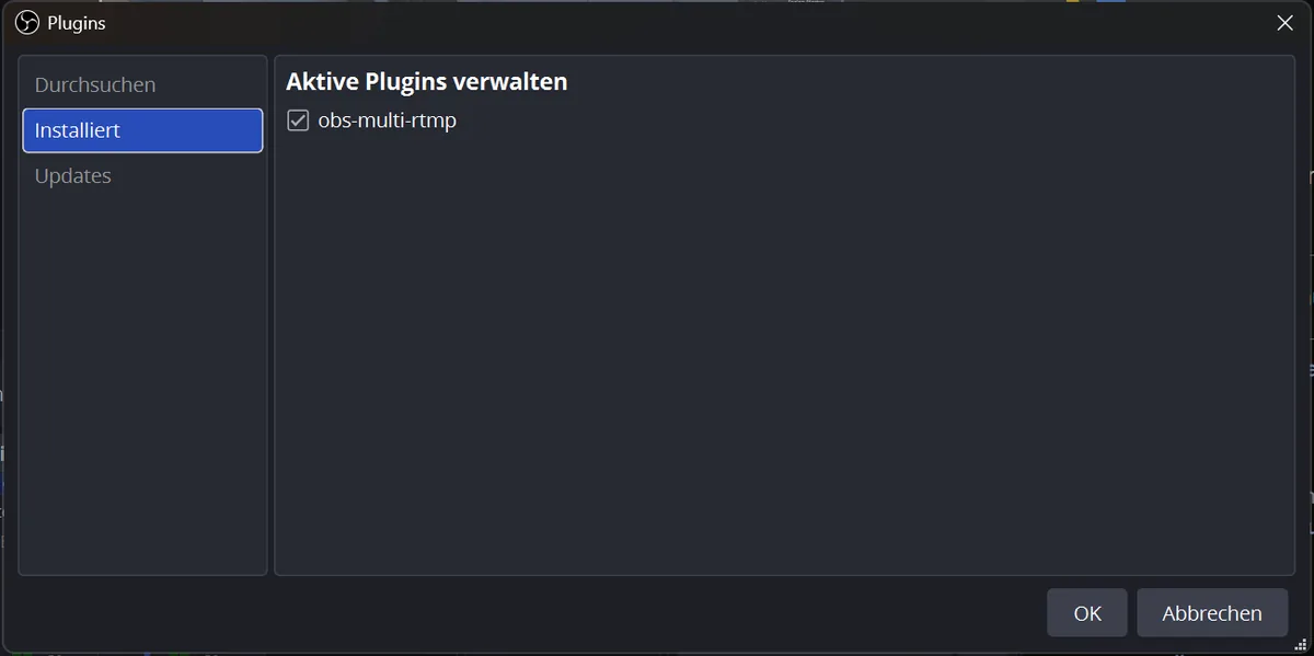Plugin-Manager von OBS mit dem geladenen Plugin obs-multi-rtmp