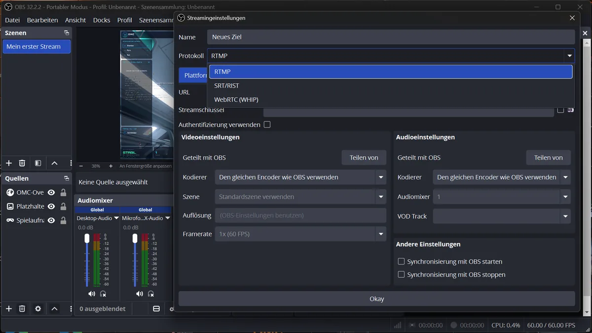 Aufgeklappte Protokollliste mit RTMP, SRT/RIST und WebRTC (WHIP)
