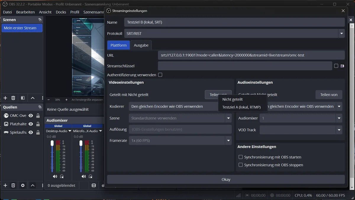 Aufgeklapptes Menü Teilen von mit den Optionen Den gleichen Encoder wie OBS verwenden und Gleicher Encoder wie Aufnahme