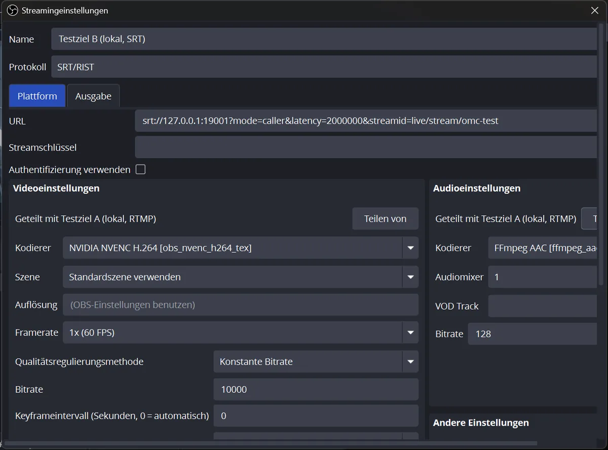 Zieldialog für Testziel B mit SRT an eine lokale Adresse und geteiltem Kodierer von Testziel A
