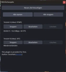 Dock Mehrfachausgabe mit laufendem Ziel A, 10 Mbps, und Ziel B mit Status Wiederverbinden