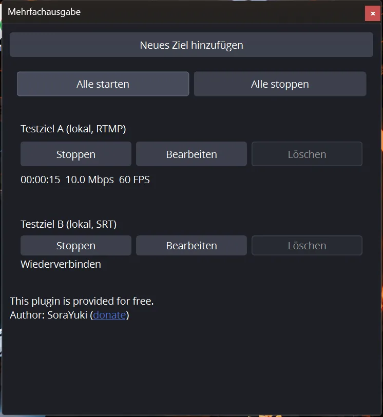 Dock Mehrfachausgabe mit laufendem Ziel A, 10 Mbps, und Ziel B mit Status Wiederverbinden