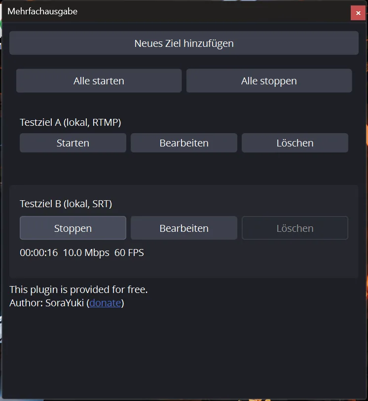 Dock Mehrfachausgabe mit laufendem SRT-Ziel