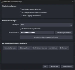 WebSocket-Servereinstellungen mit Port 4455 und verdecktem Passwort