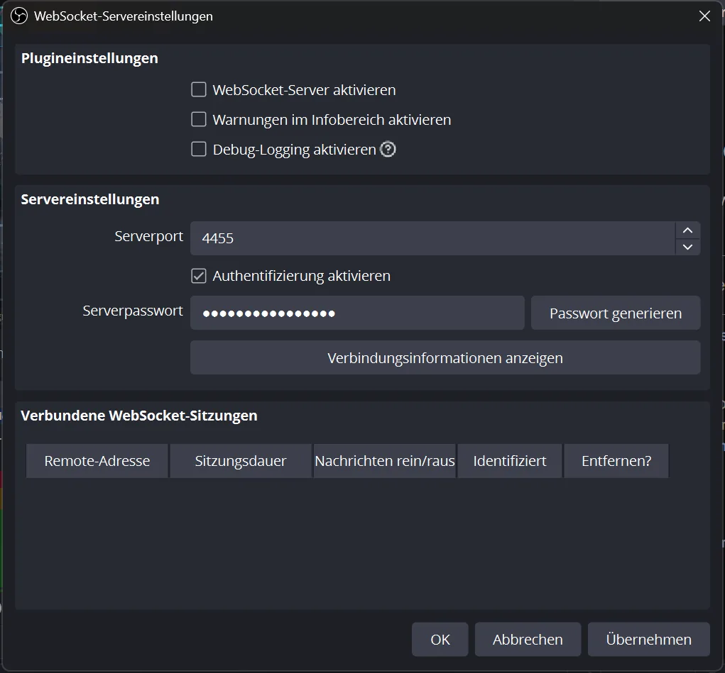 WebSocket-Servereinstellungen mit Port 4455 und verdecktem Passwort
