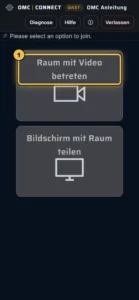 Smartphone: geöffnete CONNECT-Einladung mit dem markierten Feld „Raum mit Video betreten“
