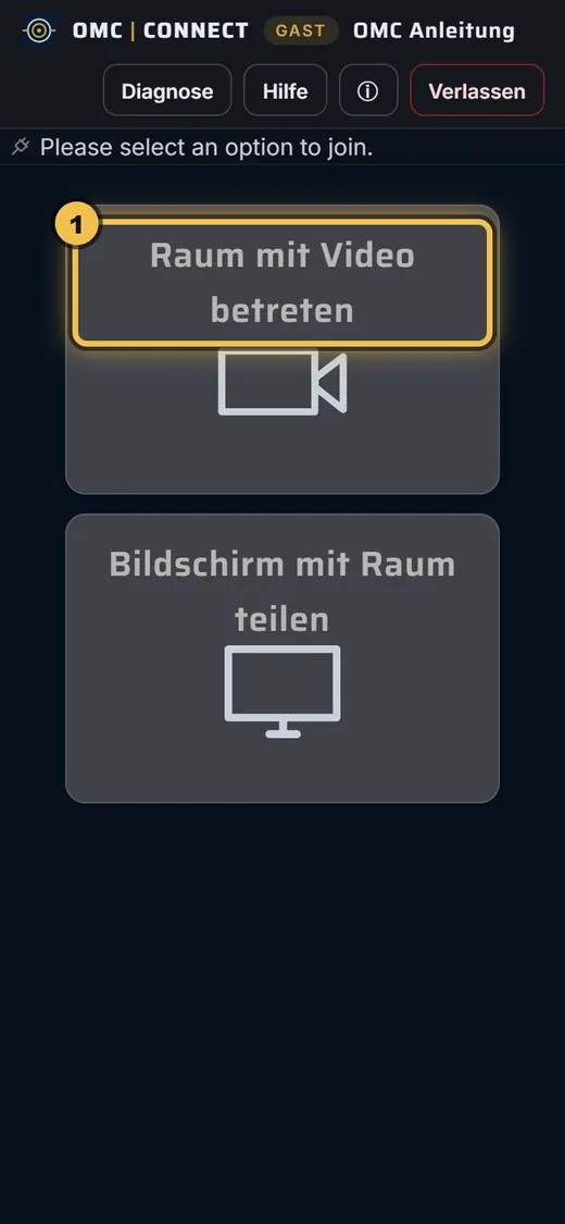 Smartphone: geöffnete CONNECT-Einladung mit dem markierten Feld „Raum mit Video betreten“