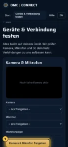 Smartphone: Seite „Geräte & Verbindung testen“ mit dem Knopf „Kamera & Mikrofon freigeben“