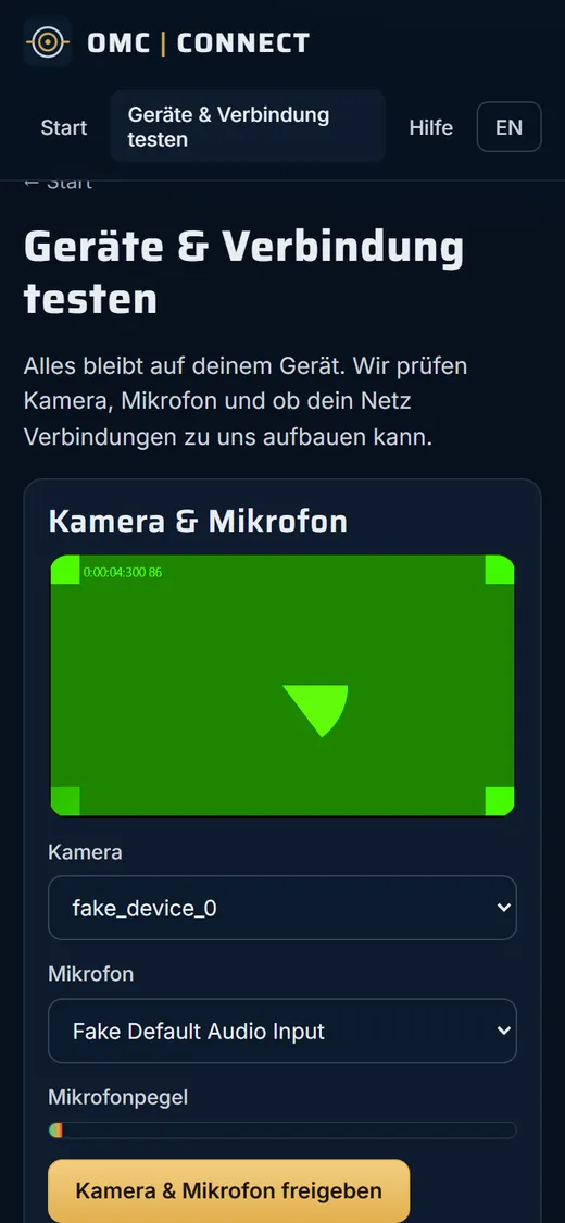 Smartphone: Gerätetest läuft, Kamerabild, Auswahl von Kamera und Mikrofon und Mikrofonpegel