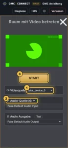 Smartphone: Auswahl „Videoquelle“ und „Audio-Quelle(n)“, darüber der Knopf „START“