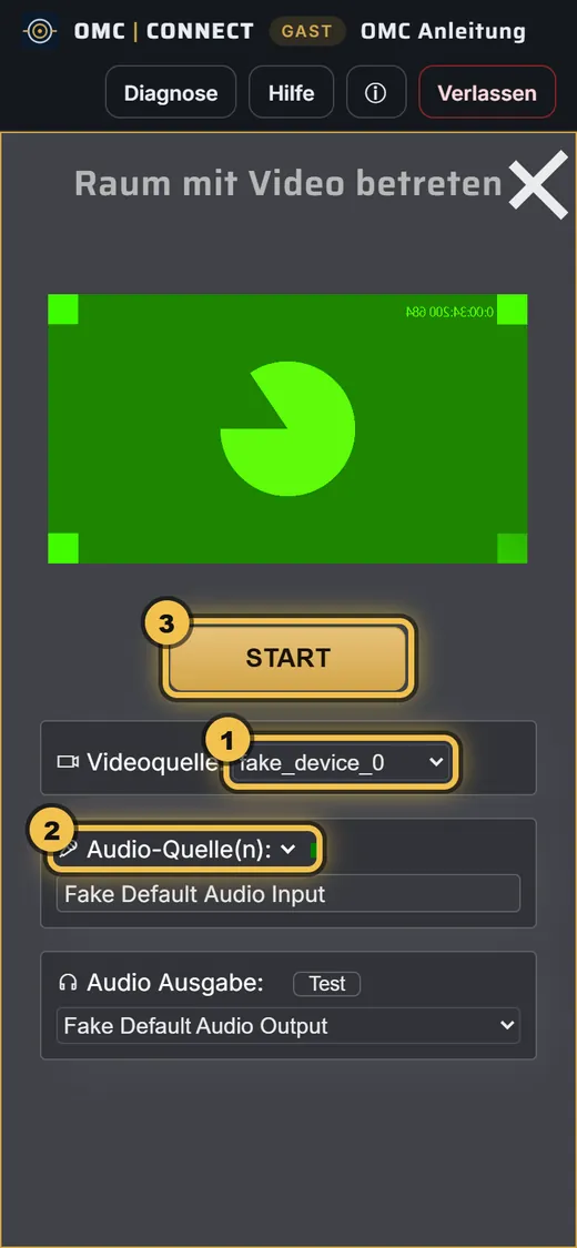 Smartphone: Auswahl „Videoquelle“ und „Audio-Quelle(n)“, darüber der Knopf „START“