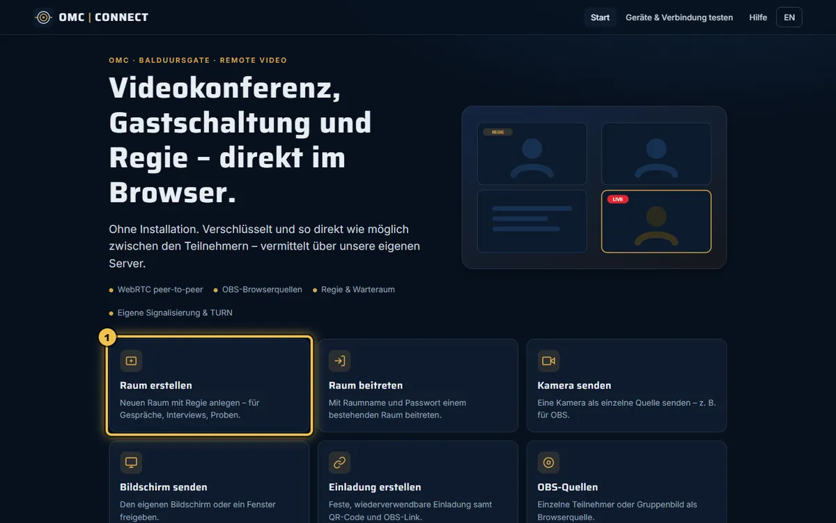 Startseite von OMC | CONNECT, die Kachel „Raum erstellen“ ist markiert