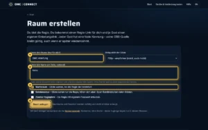 Formular „Raum erstellen“: Name des Raums, Gäste, Warteraum und Knopf „Raum anlegen“ sind markiert