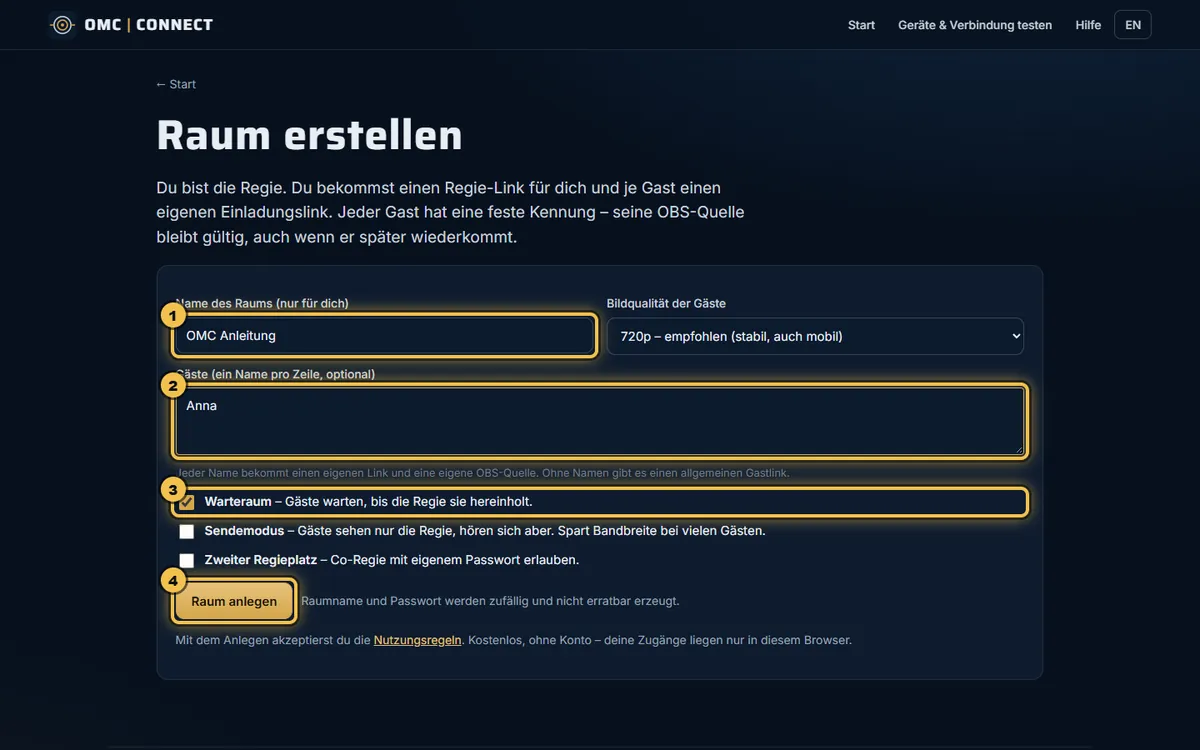 Formular „Raum erstellen“: Name des Raums, Gäste, Warteraum und Knopf „Raum anlegen“ sind markiert