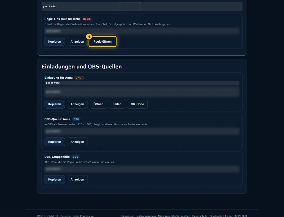 Raum bereit: Regie-Link, Einladung für Anna, OBS-Quelle und OBS-Gruppenbild, Links geschwärzt, „Regie öffnen“ markiert